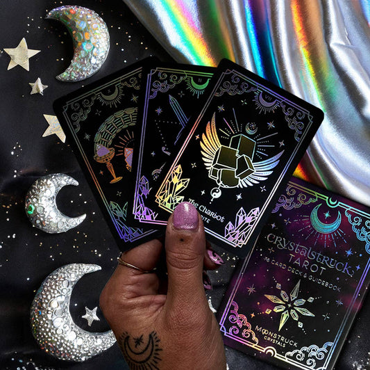 Mini Crystalstruck Tarot Silver Edition pocket tarot deck with holographic detailing.