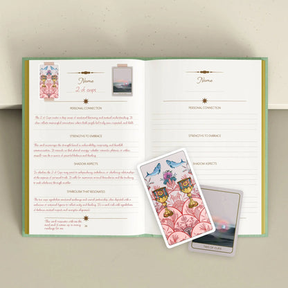 Open book with tarot cards on a light background Tarot Journal Bouchette and Co Oneness Emporium