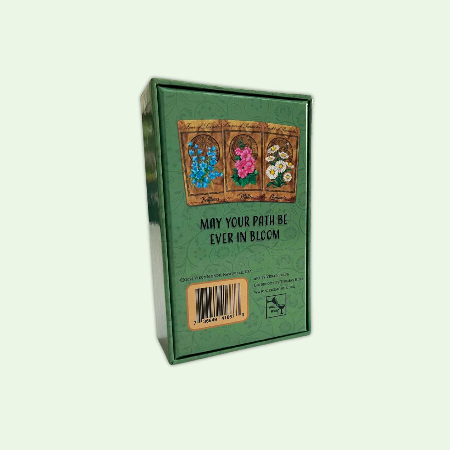 Green box with floral design and text on a light green background