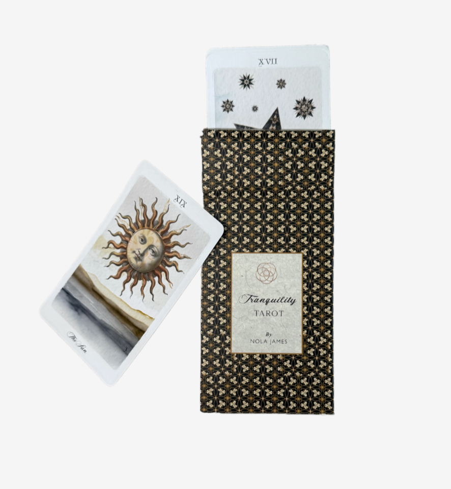 Tranquility Tarot indie deck featuring 78 serene watercolour Rider-Waite-Smith inspired tarot cards with embossed linen texture, keyword booklet and cotton storage bag.