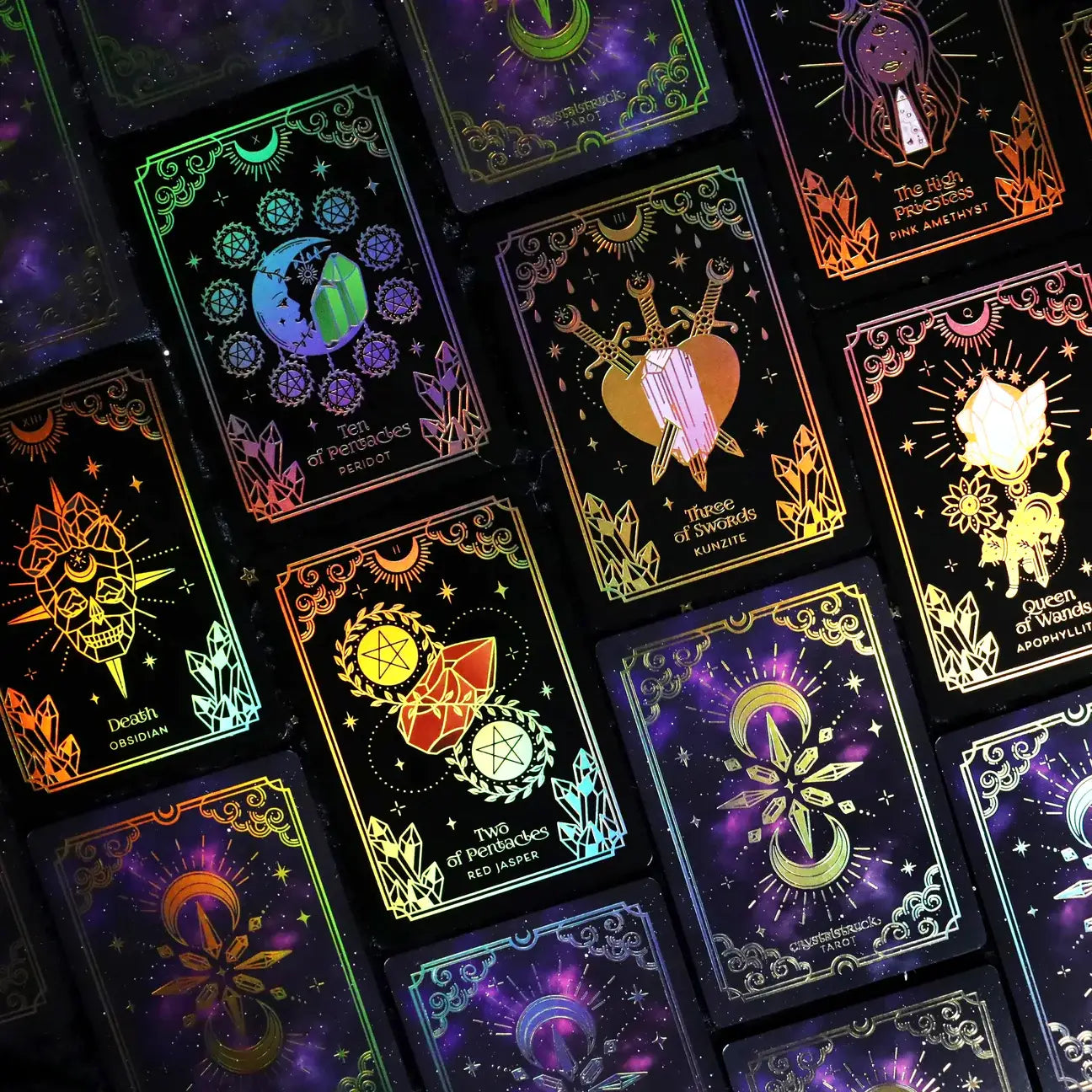 Mini Crystalstruck Tarot Gold Edition pocket tarot deck with gold holographic details.