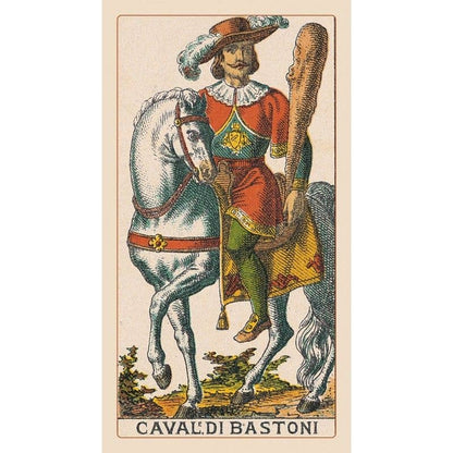 Vintage-style card featuring a knight on a horse with text 'Caval Di Bastoni' on a beige background.
