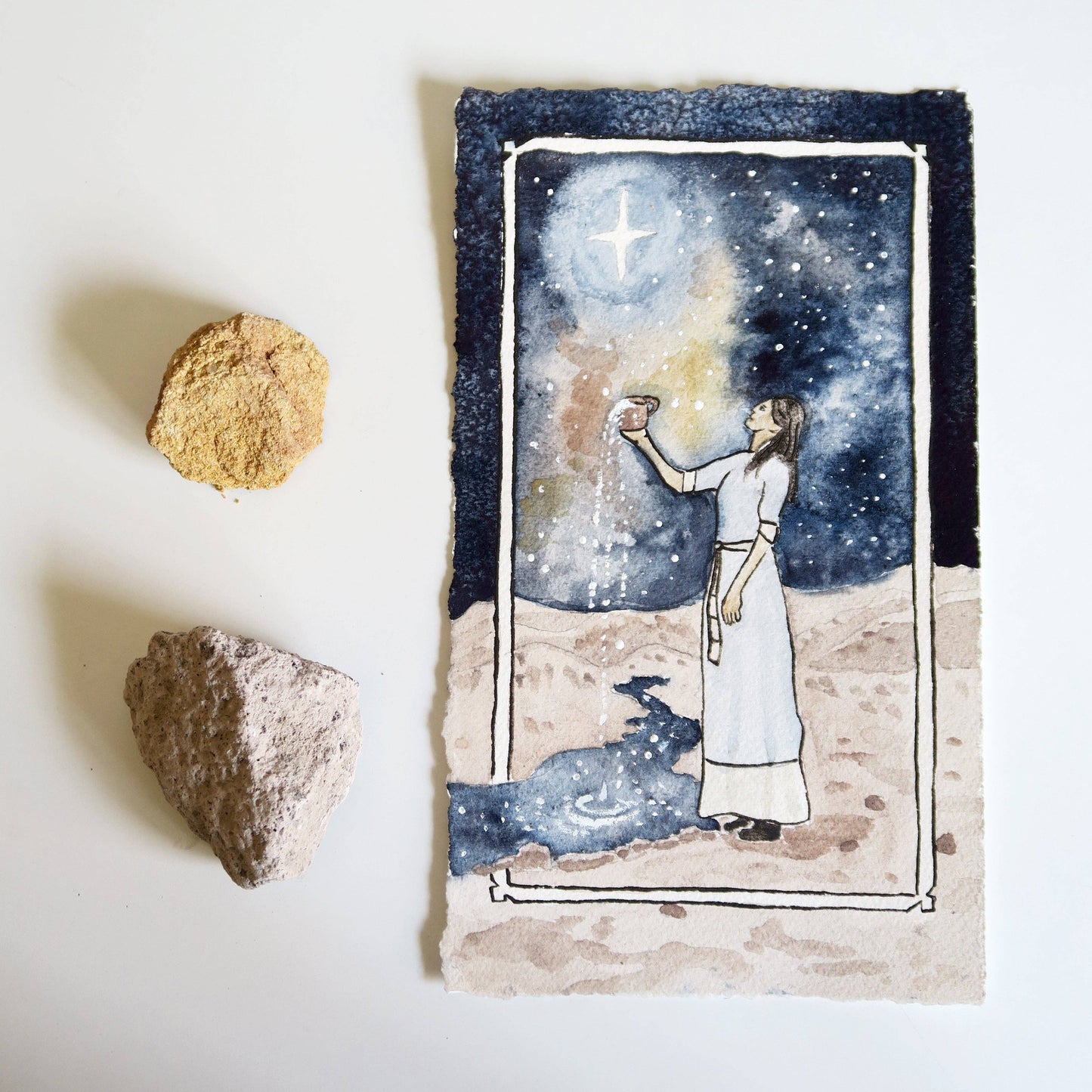 Illustration of a person holding a star in a night sky with two rocks on a white background