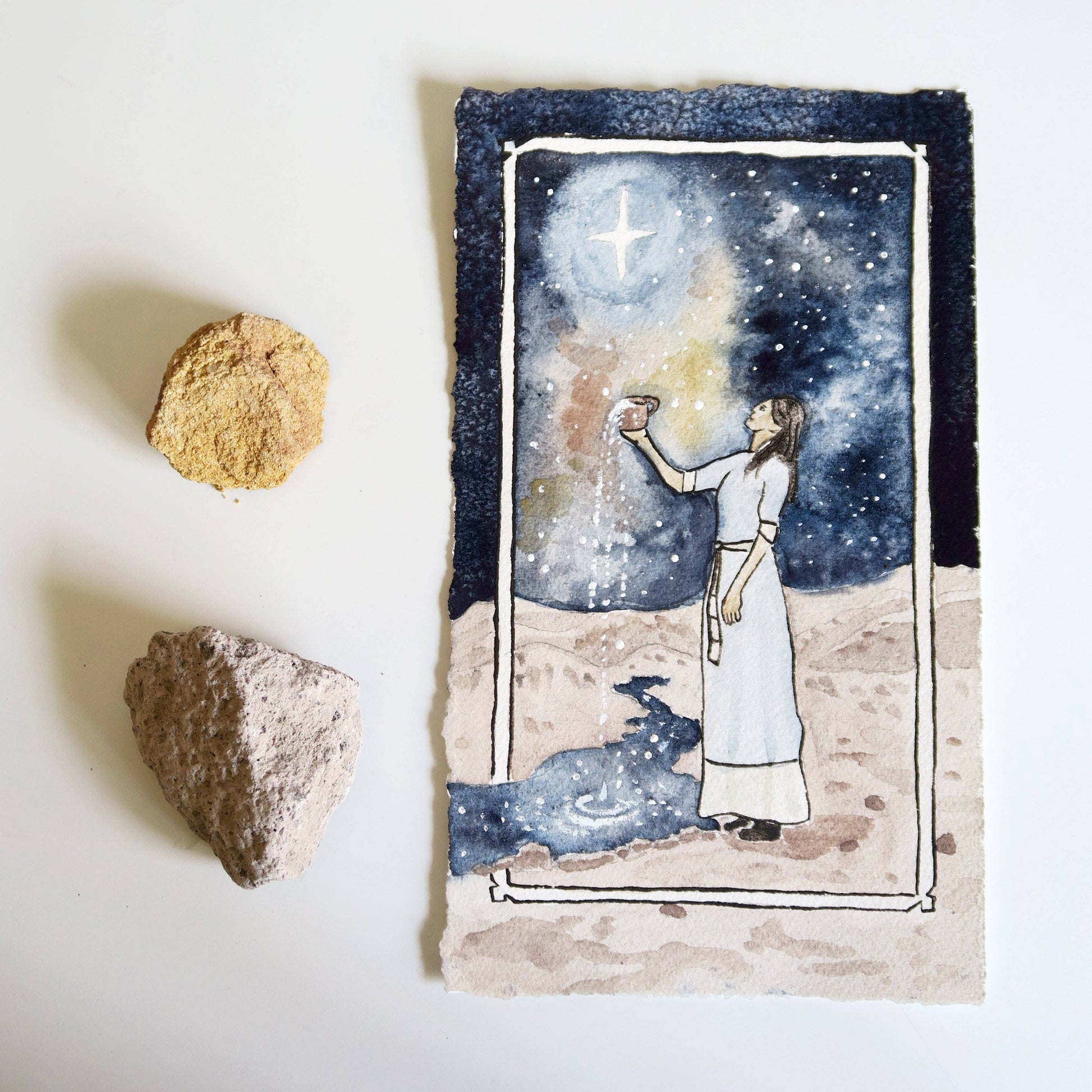 Illustration of a person holding a star in a night sky with two rocks on a white background