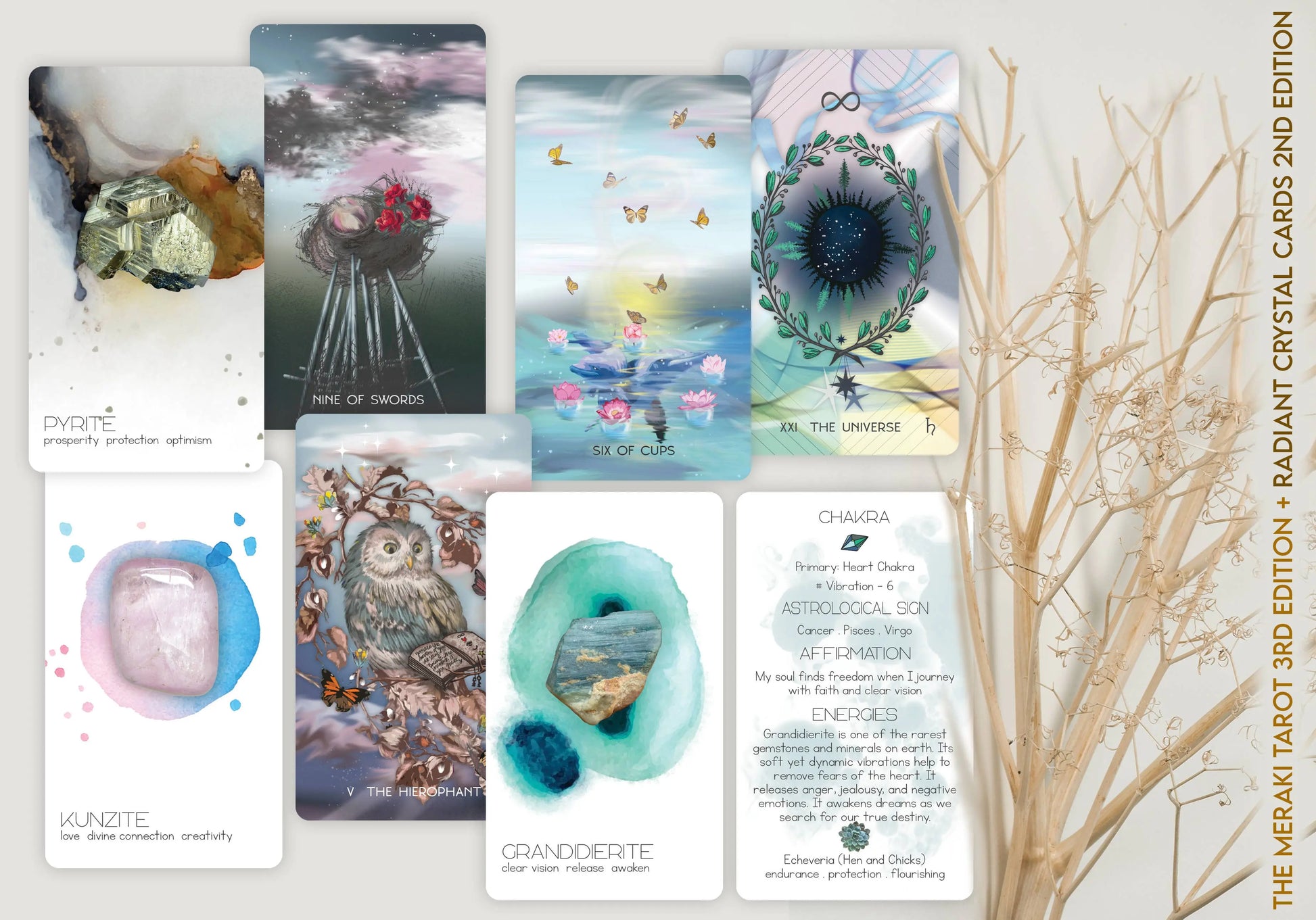 Collection of tarot cards with artistic designs on a white background radiant crystal oracle