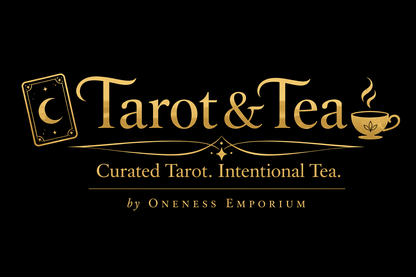 A premium quarterly subscription box from Oneness Emporium featuring a tarot deck, artisan loose-leaf tea, and curated witchy accessories, styled on a dark mystical background