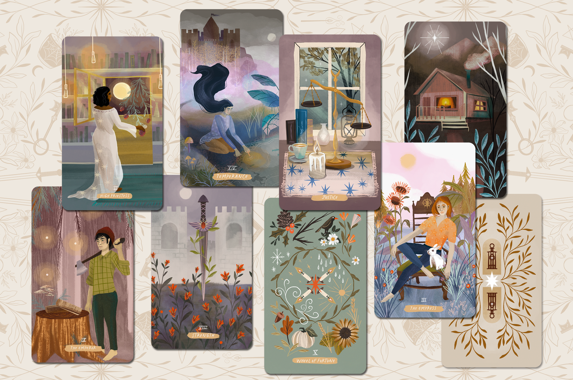 Set of tarot cards with various illustrations on a textured background