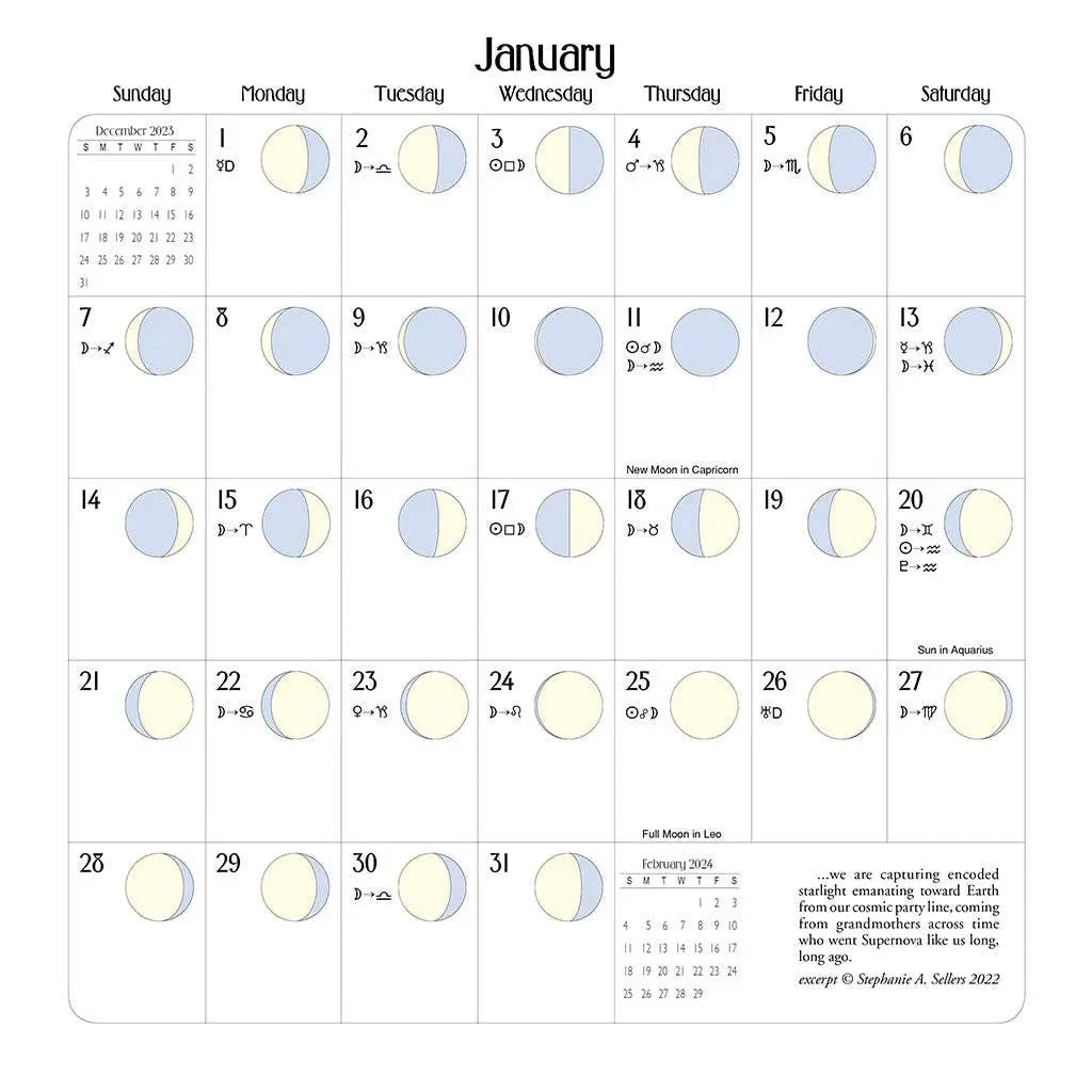 Calendar for January showing moon phases and celestial events.