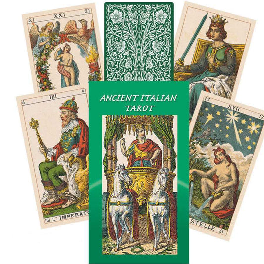 Collection of Ancient Italian Tarot cards with a green border and text.