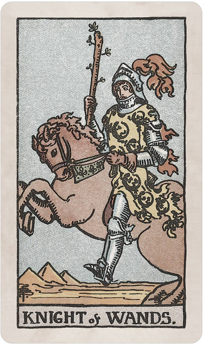 Card from a tarot deck featuring a knight on horseback with the title 'Knight of Wands'. Pamela Colman Smith's RWS Tarot Deck Soft Color Edition by U.S. Games Systems featuring muted vintage colours, ivory borders, and the original Rider-Waite-Smith artwork.