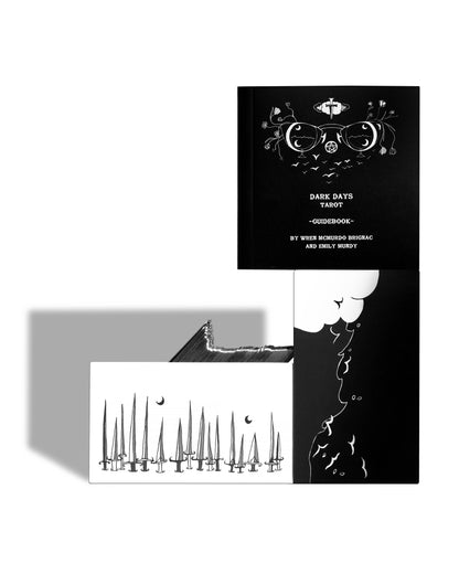 Black and white book with illustrations on a white background Dark Days Tarot by Wren McMurdo Brignac featuring square black-and-white tarot cards inspired by the lunar cycle with a 180-page guidebook and collector's box.