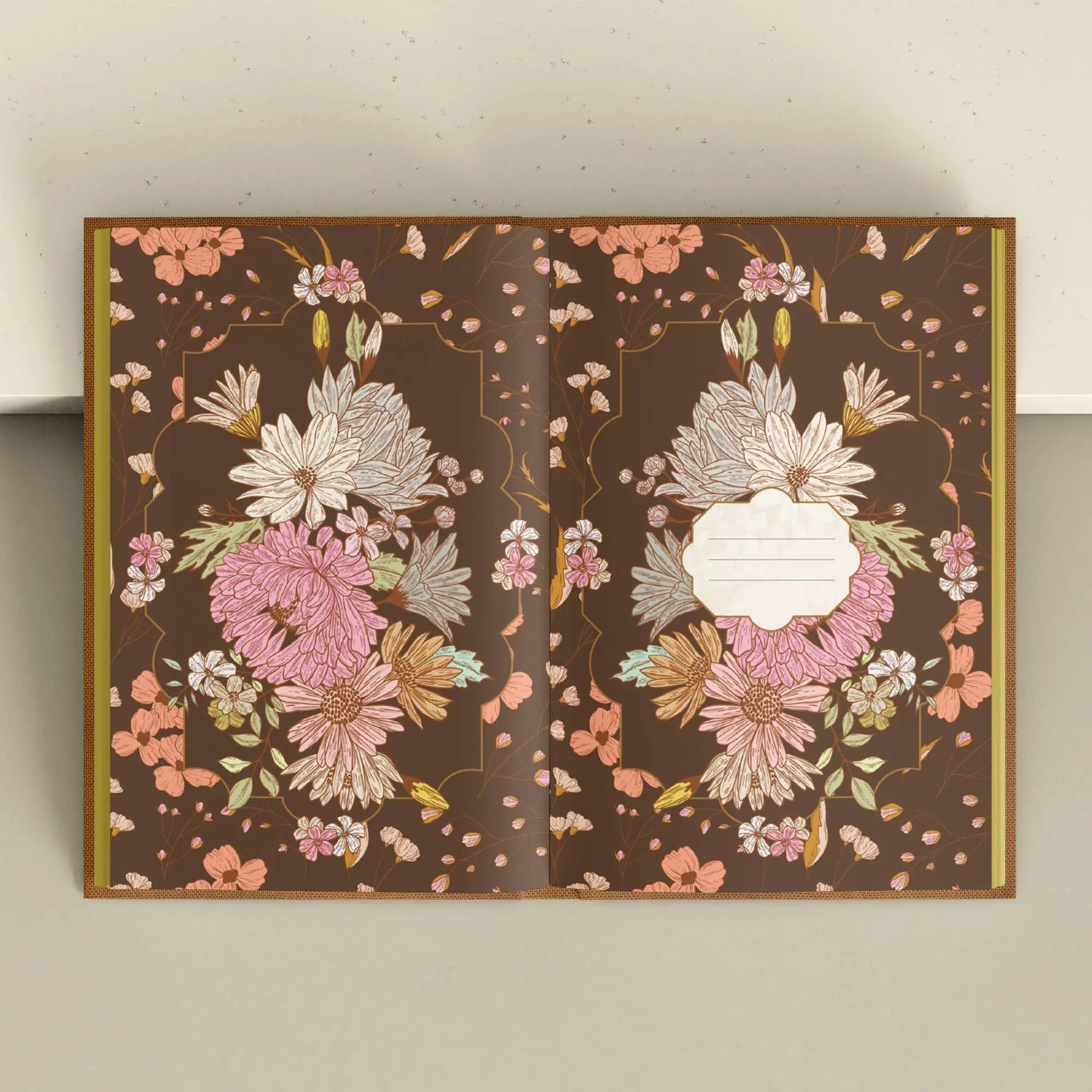 Floral design on a brown background with a decorative border Grimoire Bouchette and Co Oneness Emporium