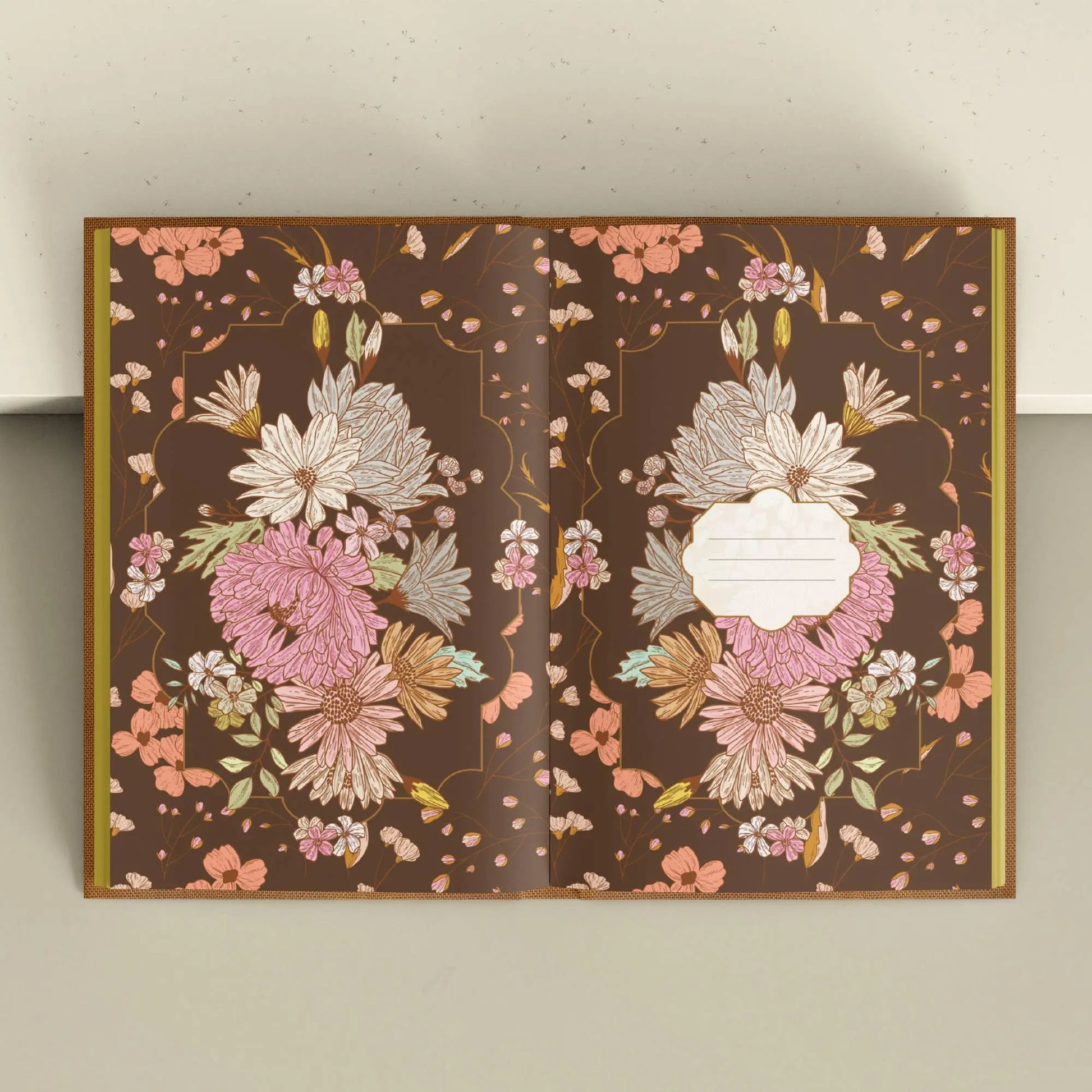 Floral design on a brown background with a decorative border Grimoire Bouchette and Co Oneness Emporium