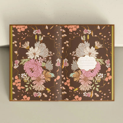 Floral design on a brown background with a decorative border Grimoire Bouchette and Co Oneness Emporium