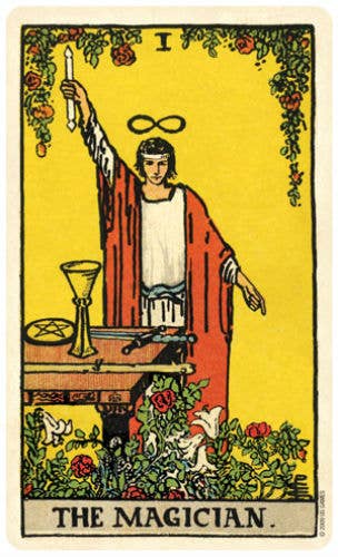 Tarot card featuring 'The Magician' with a person in red robes holding a candle against a yellow background.