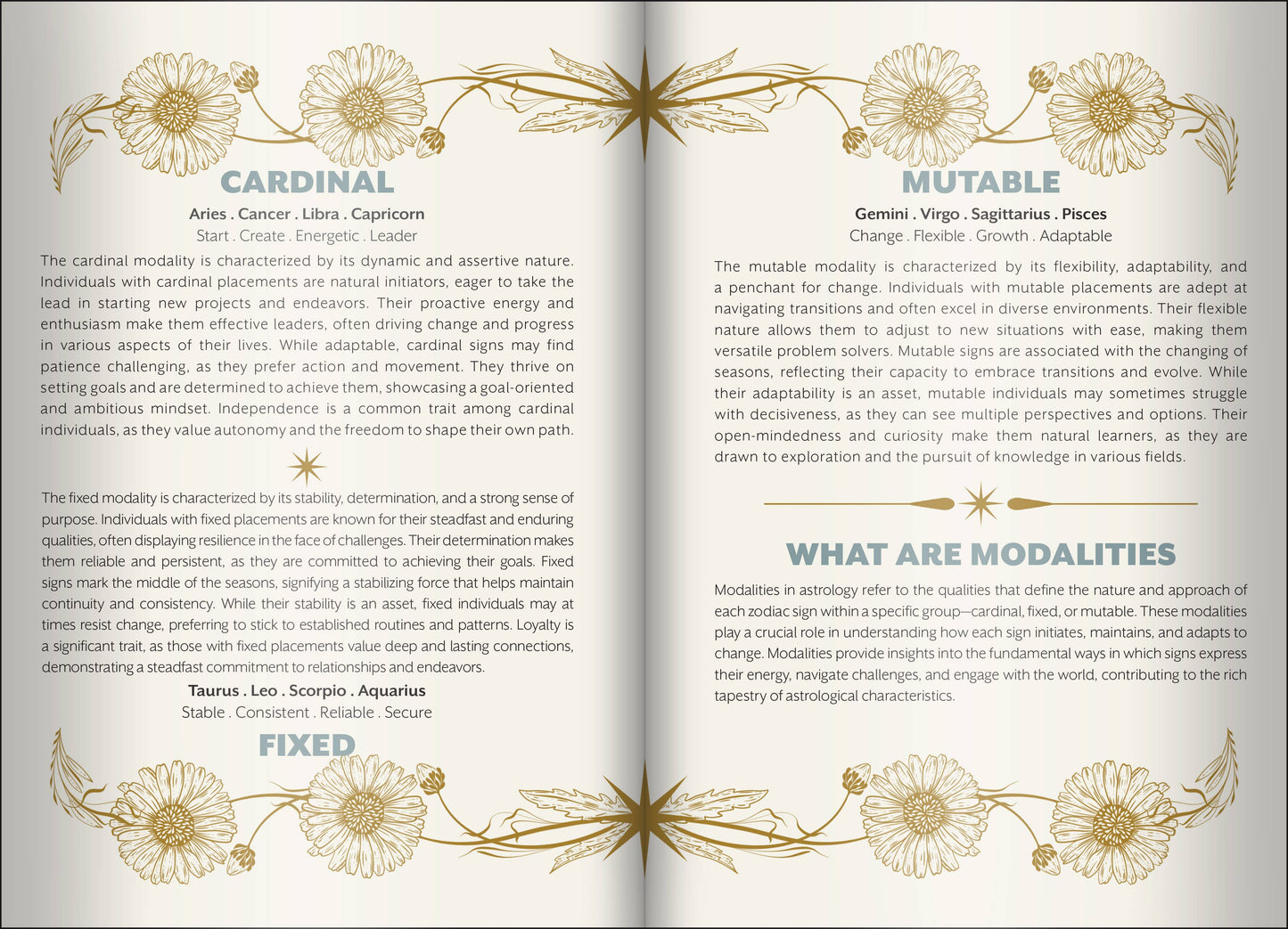 Open book showing pages with astrological text and decorative elements on a white background