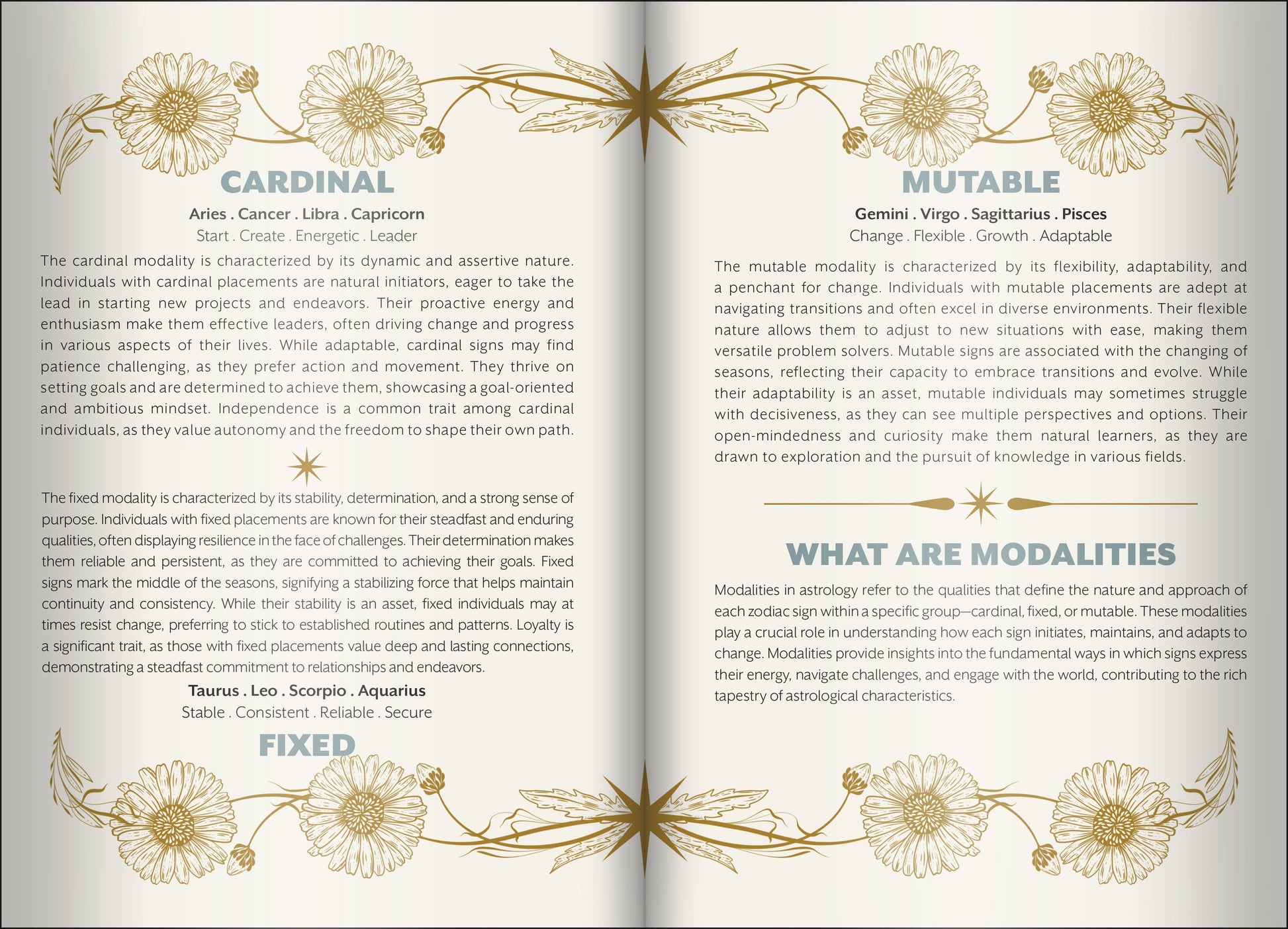 Open book showing pages with astrological text and decorative elements on a white background