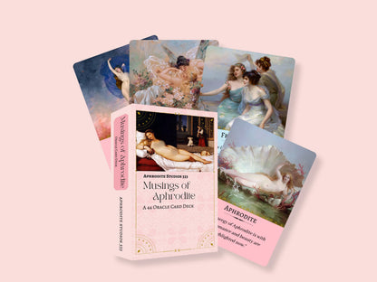 A collection of oracle cards with illustrations depicting scenes of love and divination. The cards are displayed face up, showing different images and text. The musings of Aphrodite oracle deck