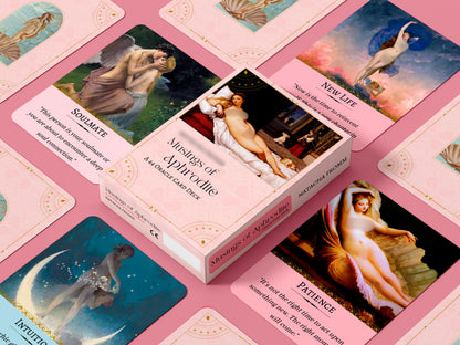 The musings of Aphrodite oracle deck showcasing cards titles Soul mate and Patience
