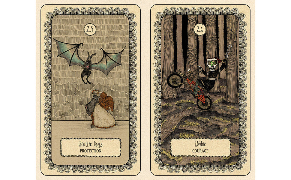 Two illustrated tarot-style cards shown side by side on a white background. The left card depicts a winged figure over a seated figure in a stone setting, labeled Wybie - Courage and 'Steel Dogs Protection. Coraline oracle deck 