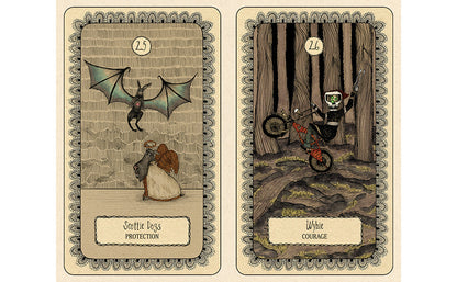 Two illustrated tarot-style cards shown side by side on a white background. The left card depicts a winged figure over a seated figure in a stone setting, labeled Wybie - Courage and 'Steel Dogs Protection. Coraline oracle deck 