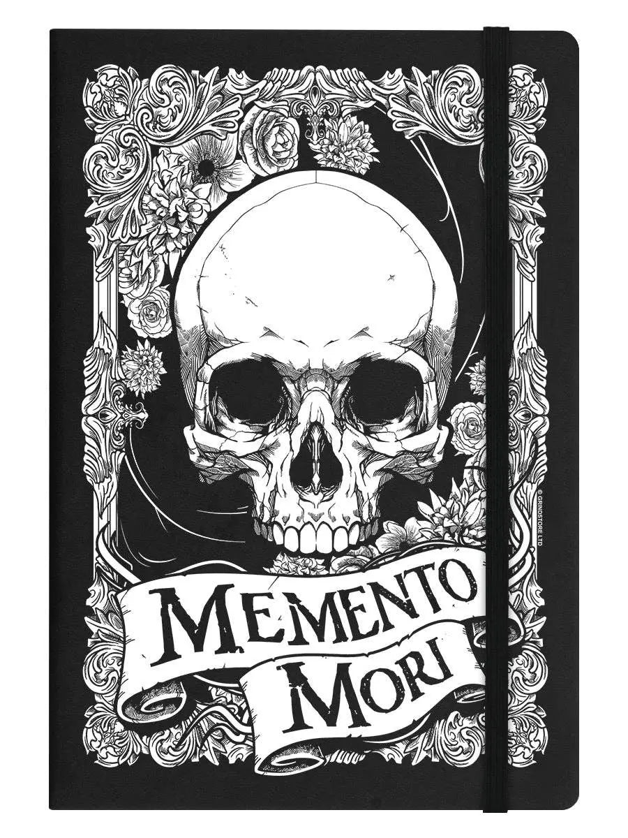 Notebook with skull design and 'Memento Mori' text on a black background