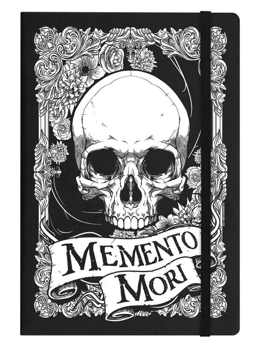 Notebook with skull design and 'Memento Mori' text on a black background