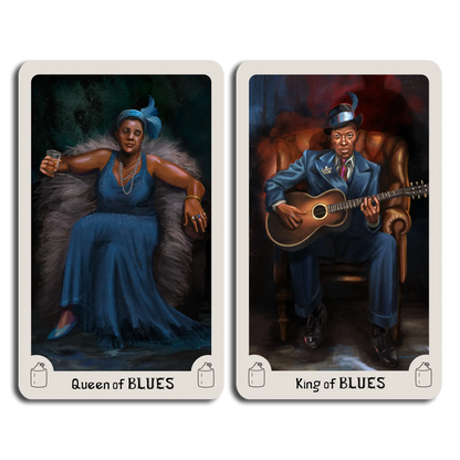 Two tarot card illustrations of a Queen of Blues and a King of Blues on a white background.