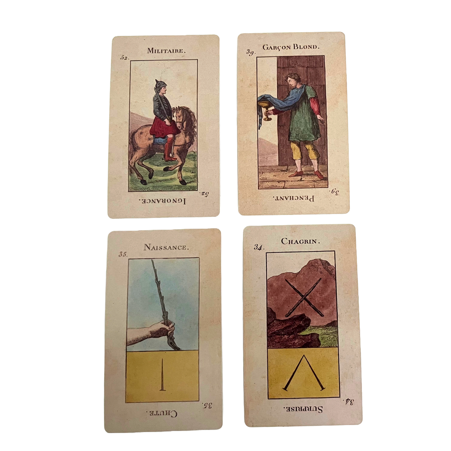 Four vintage playing cards with illustrations and text on a white background