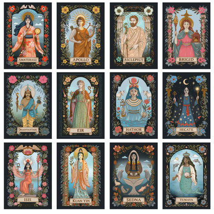 Set of tarot cards featuring various deities with decorative borders and floral elements.