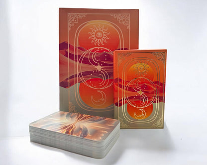 A deck of oracle cards with a matching box and a smaller card sleeve, all decorated with warm-toned celestial and landscape illustrations in orange, red, and gold on a white background.