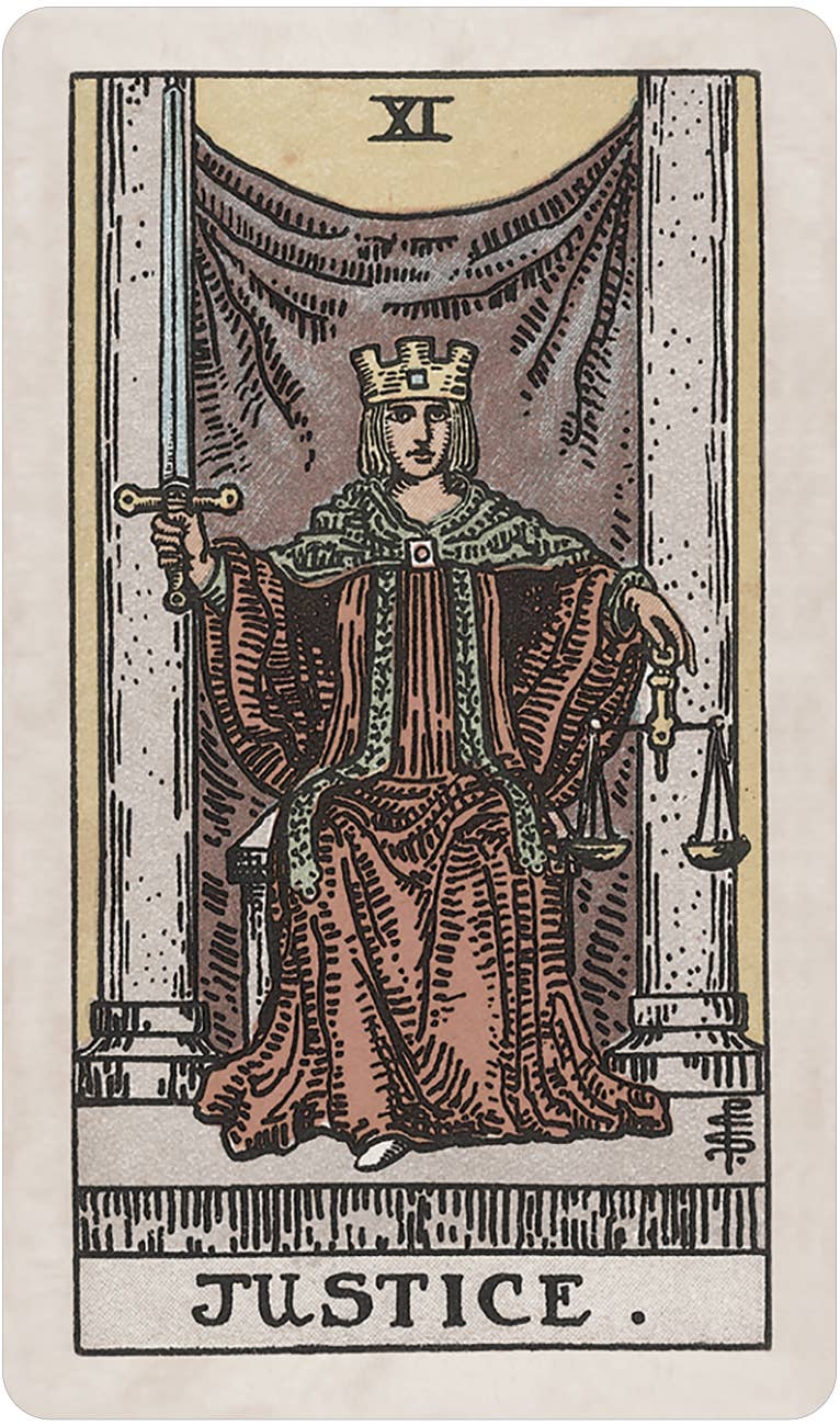 Tarot card titled 'Justice' with a figure holding scales and a sword. Pamela Colman Smith's RWS Tarot Deck Soft Color Edition by U.S. Games Systems featuring muted vintage colours, ivory borders, and the original Rider-Waite-Smith artwork.