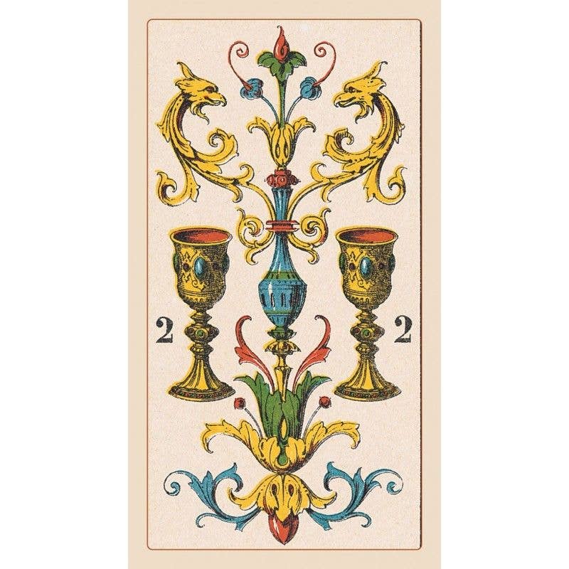 Decorative card with two cups and a blue central element, featuring gold and blue colors on a beige background.