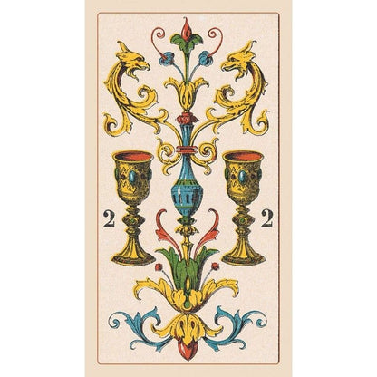 Decorative card with two cups and a blue central element, featuring gold and blue colors on a beige background.