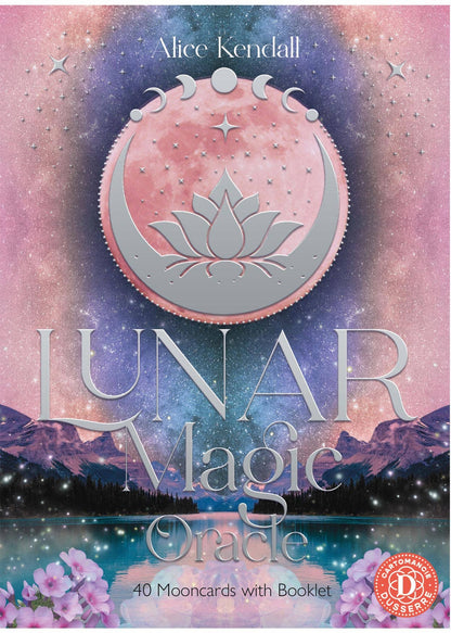 Book cover of 'Lunar Magic Oracle' with celestial design and mountain landscape.