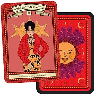 A tarot-style card deck shown with two overlapping cards on a plain white background. The front card reads "Wild Card: You're a Star" and features an illustrated figure in a red patterned jacket and yellow patterned pants.
Glamour Oracle by Lisa Lister featuring a 36-card oracle deck inspired by vintage glamour, magical self-care rituals and modern witchcraft with a companion guidebook.