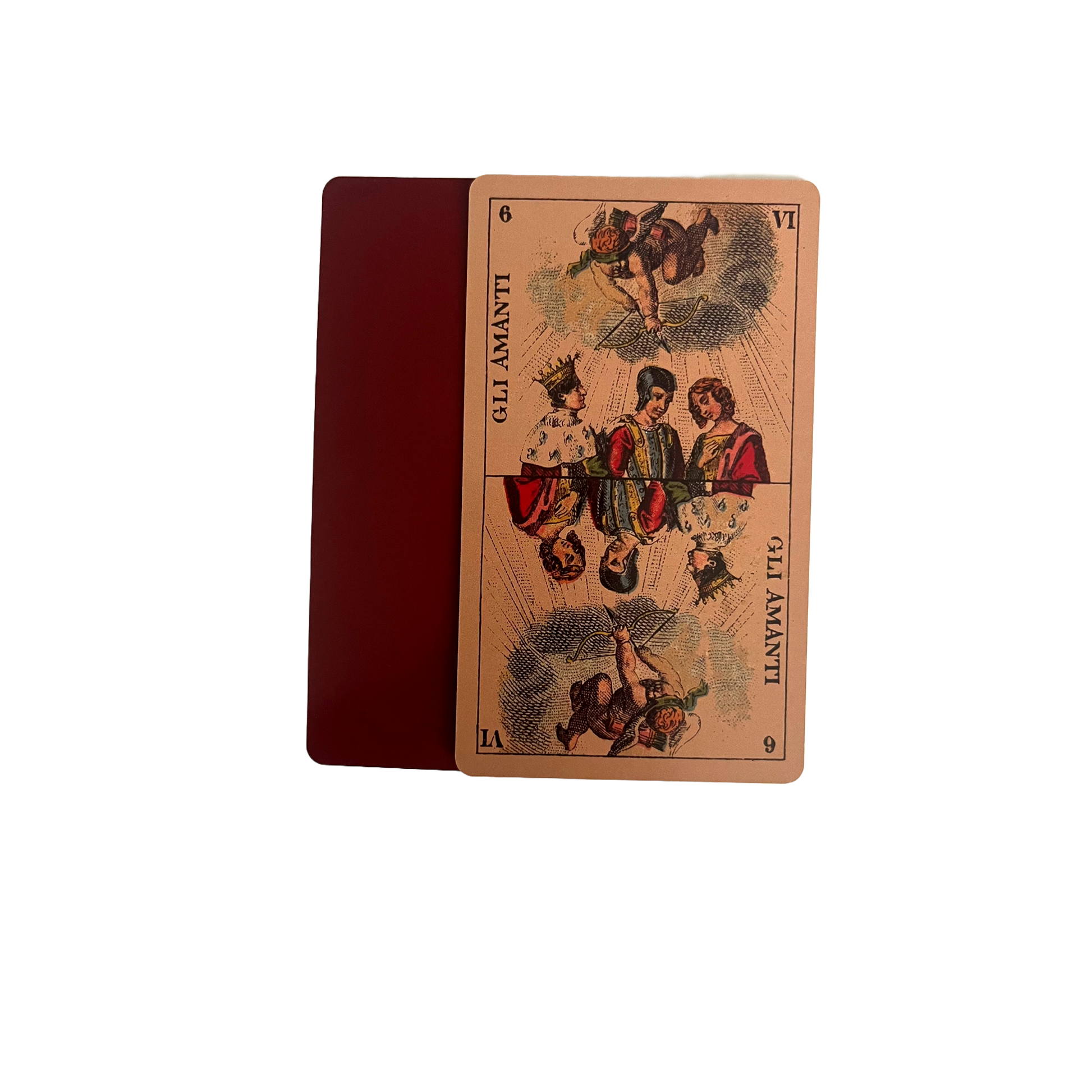 Card with illustrations of people and text on a white background Tarot Della Rocca historical Italian tarot deck based on Carlo Della Rocca's nineteenth-century Tarocco Sopraffino with 78 beautifully engraved cards and companion guide.