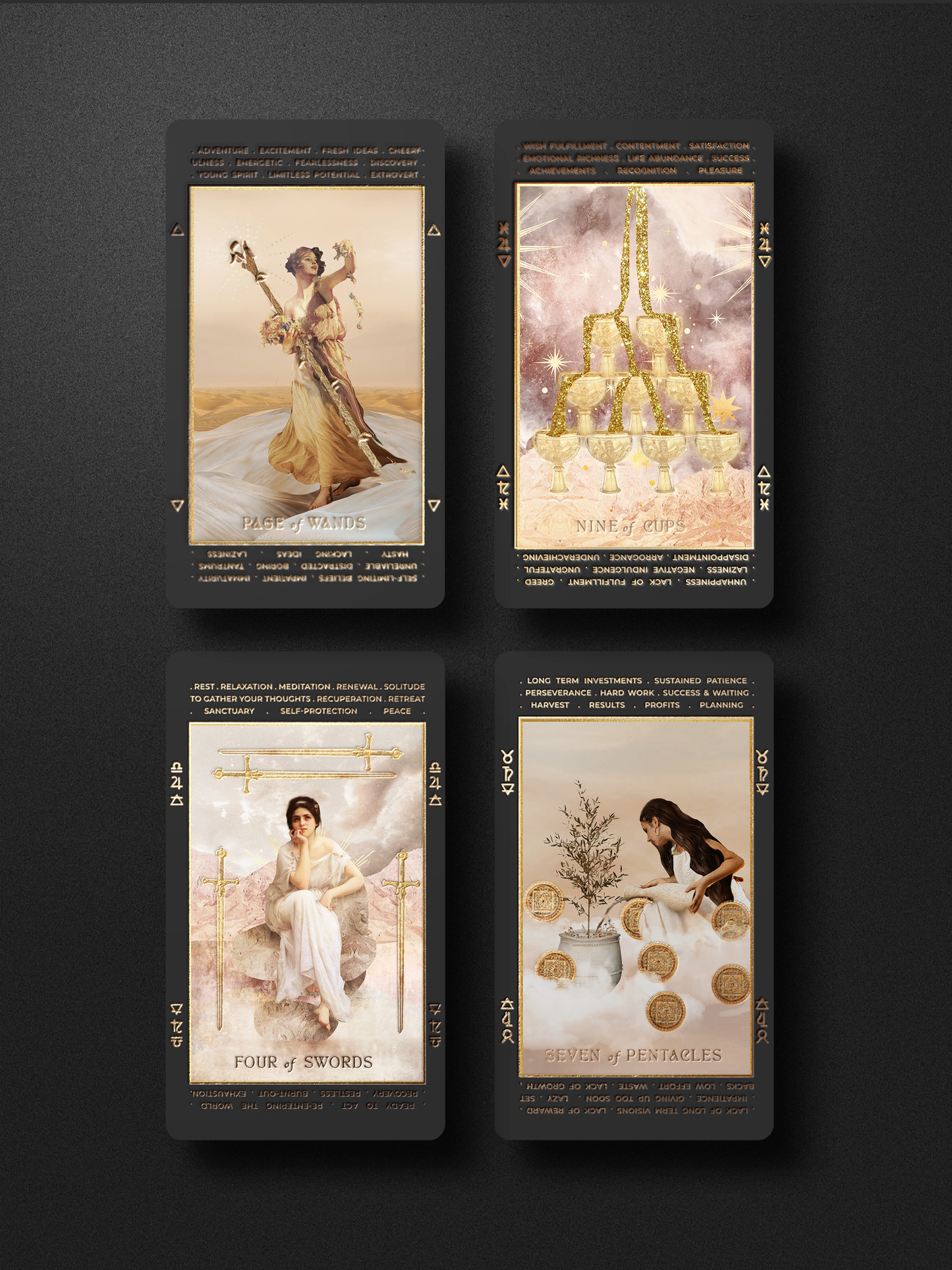 Four tarot cards arranged in a 2x2 grid on a dark background. The cards have black borders and display vintage-style illustrations in soft beige, gold, and pink tones, including a winged figure, a chandelier, a seated woman, and a woman with coins and a plant.