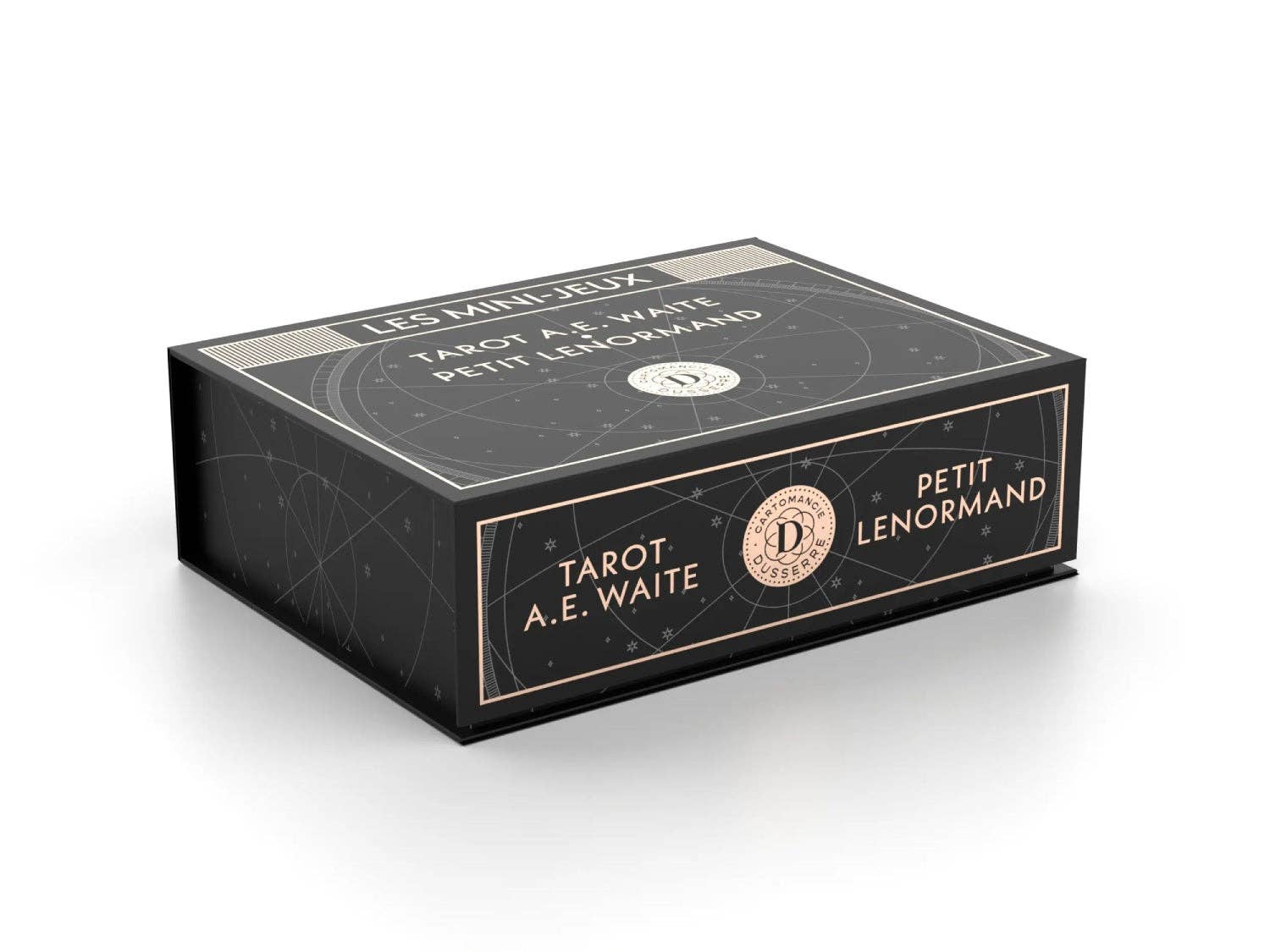 Black box packaging for Tarot A.E. Waite Petit Lenormand on a white background