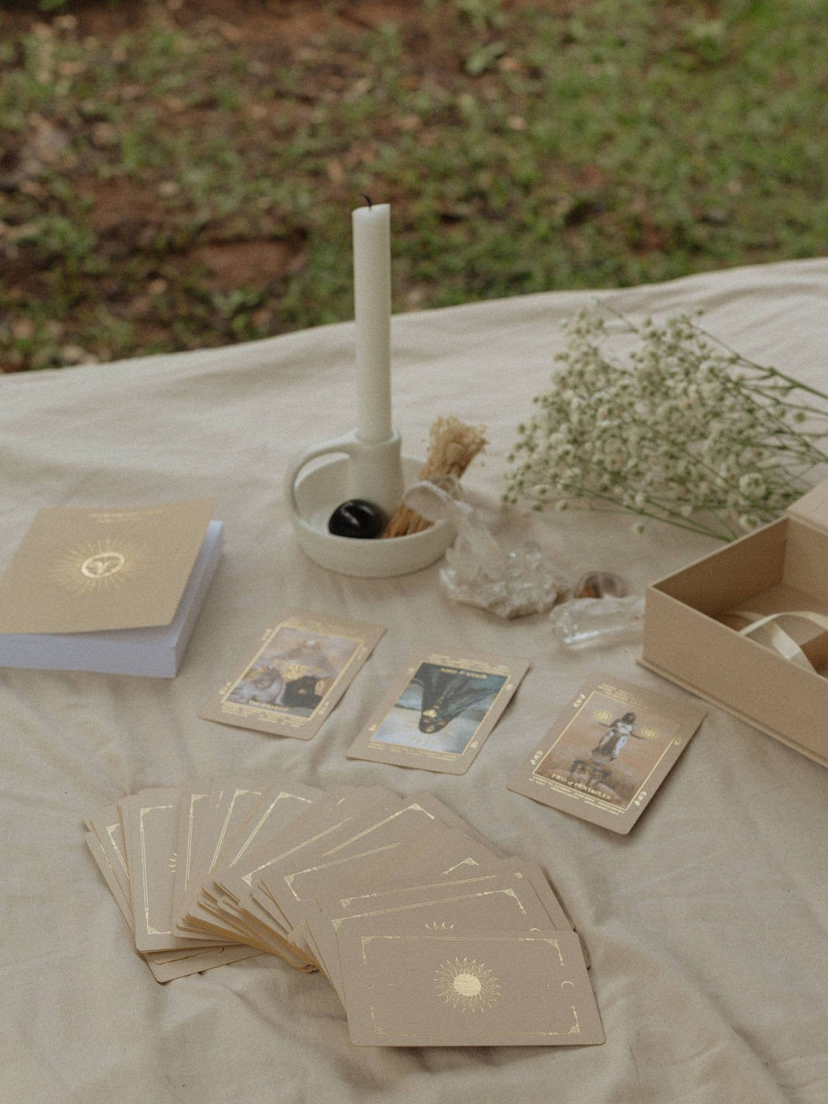 Lucid Dreams Beginner's Tarot Beige Edition IV by ST. SOLEIL with gold foil cards, matte gold edges and guidebook