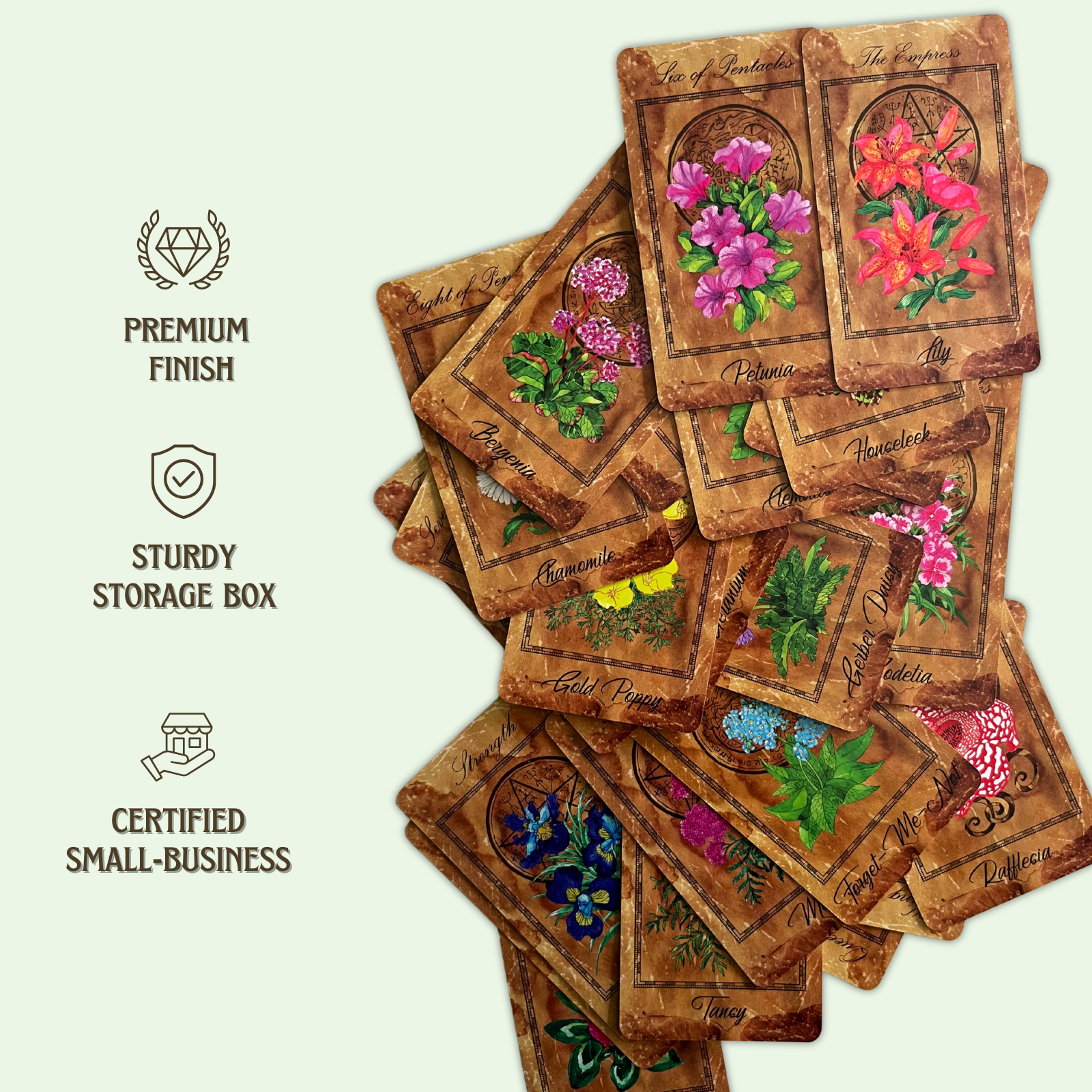Stack of wooden cards with floral designs on a light green background