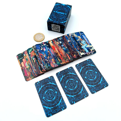 Colorful tarot cards with blue circular designs on a white background dreamscapes tarot pocket editon