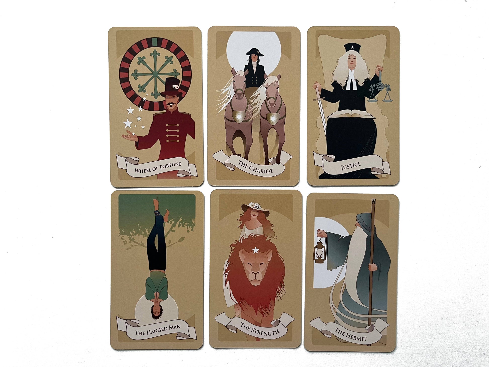 Set of tarot cards with illustrations and text on a beige background