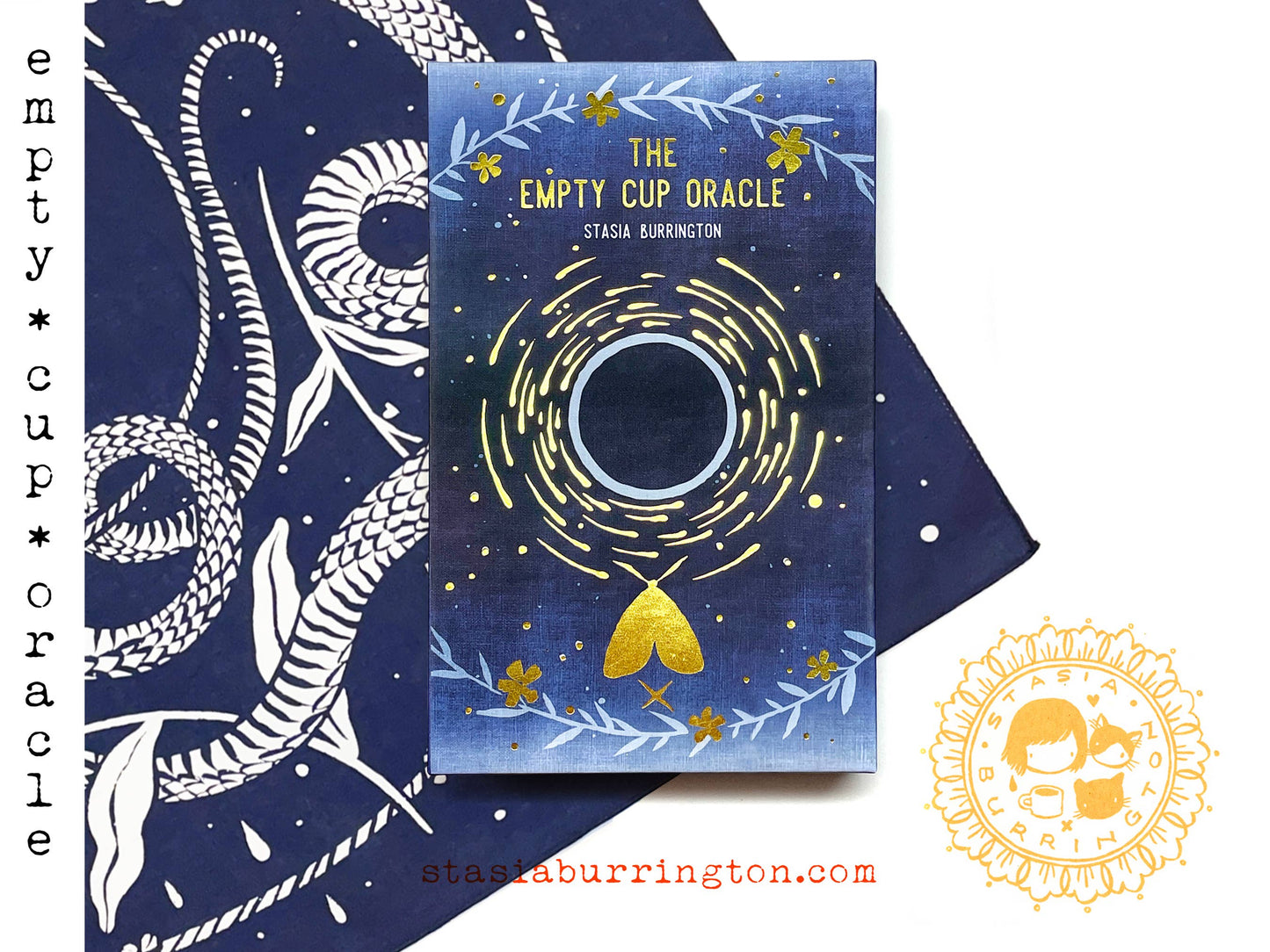 The Empty Cup Oracle by Stasia Burrington featuring minimalist black ink illustrations, gold-edged cards, and a foil-stamped collector's box.