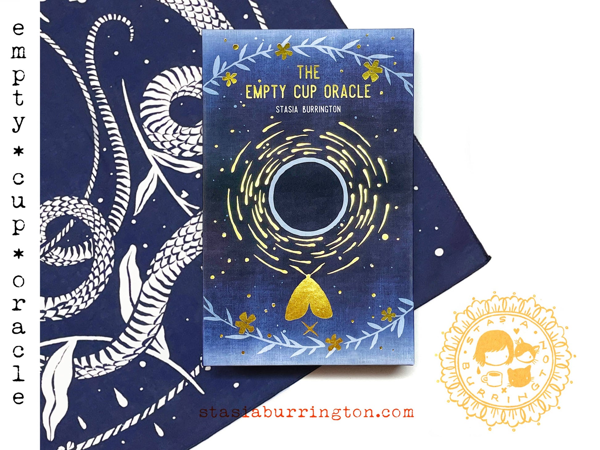 The Empty Cup Oracle by Stasia Burrington featuring minimalist black ink illustrations, gold-edged cards, and a foil-stamped collector's box.