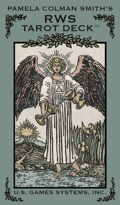 Cover of Pamela Colman Smith's RWS Tarot Deck featuring an angelic figure with wings and a U.S. Games Systems, Inc. logo.