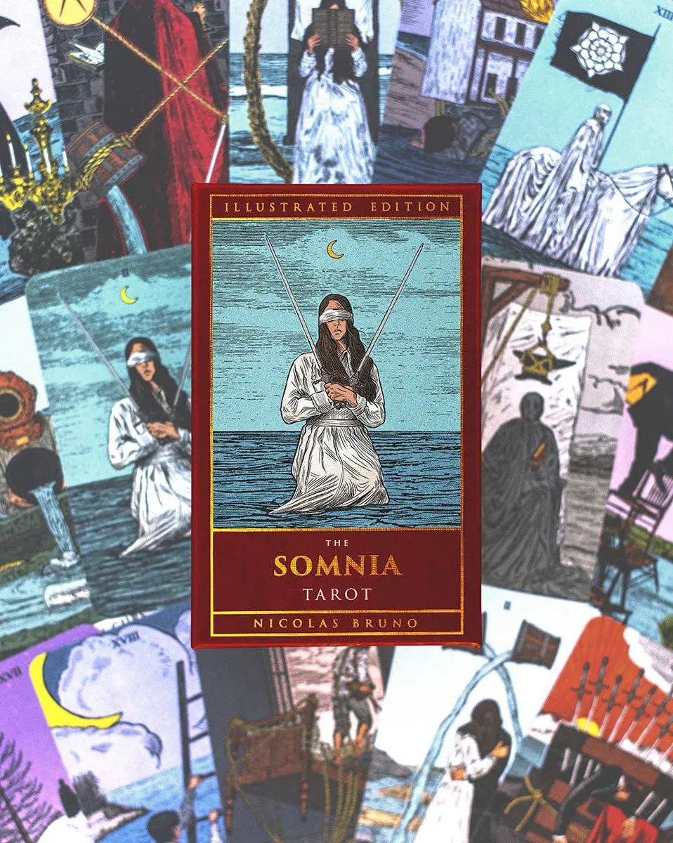 Cover of 'The Somnia Tarot' with illustrated tarot cards in the background