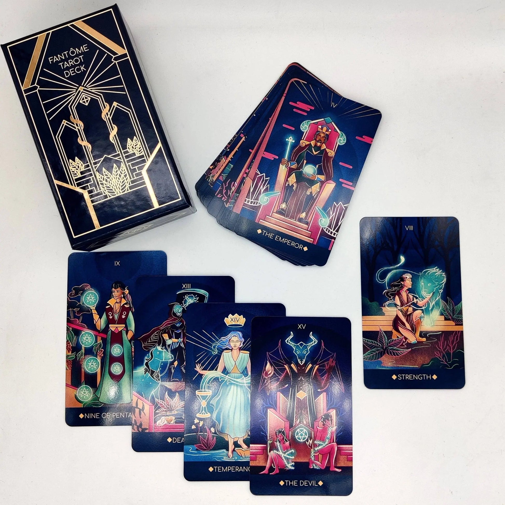 Collection of tarot cards with colorful designs on a white background