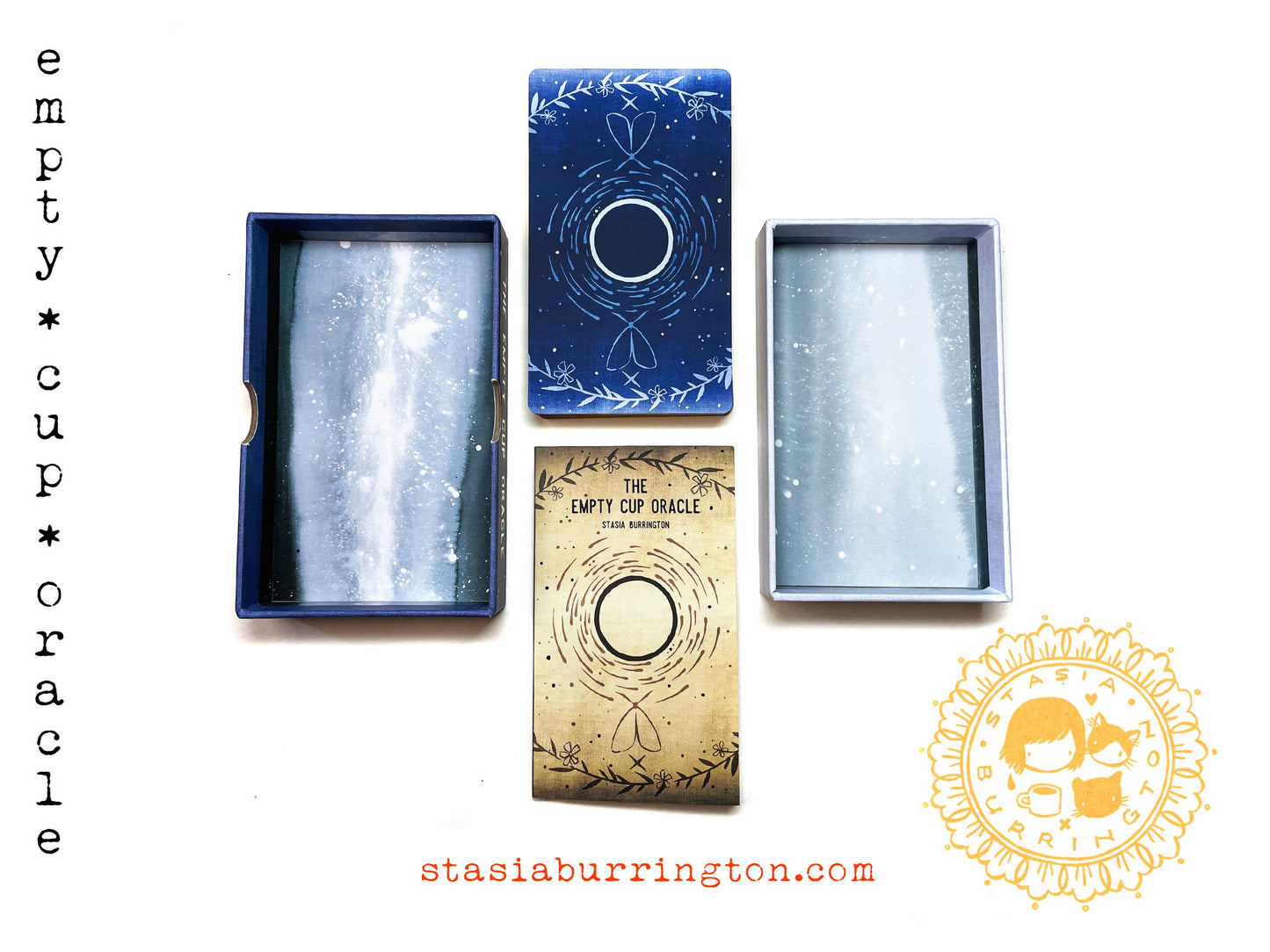 The Empty Cup Oracle by Stasia Burrington featuring minimalist black ink illustrations, gold-edged cards, and a foil-stamped collector's box.