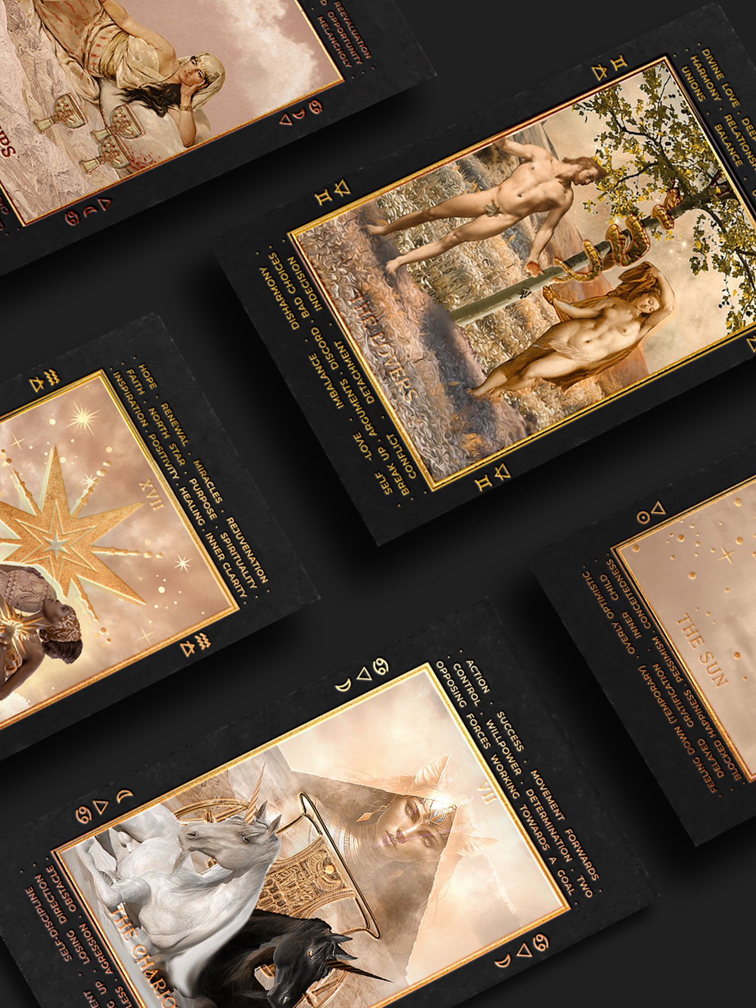 A set of tarot cards with black borders and gold accents, featuring classical art illustrations in warm beige and gold tones, arranged diagonally on a dark background.